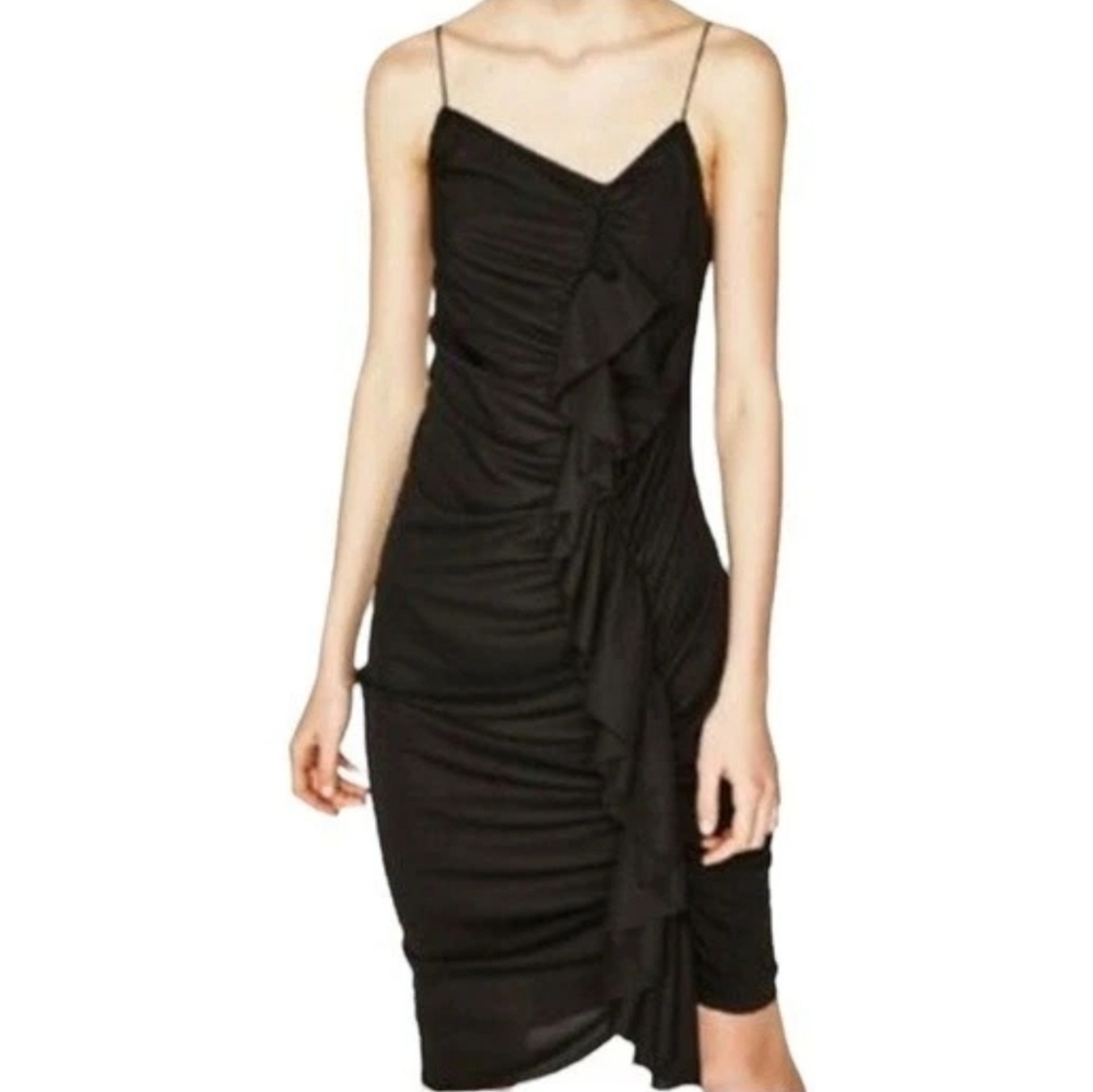 Zara Women's Spaghetti Strap Ruffle Asymmetrical Bodycon Midi Dress, Black, S